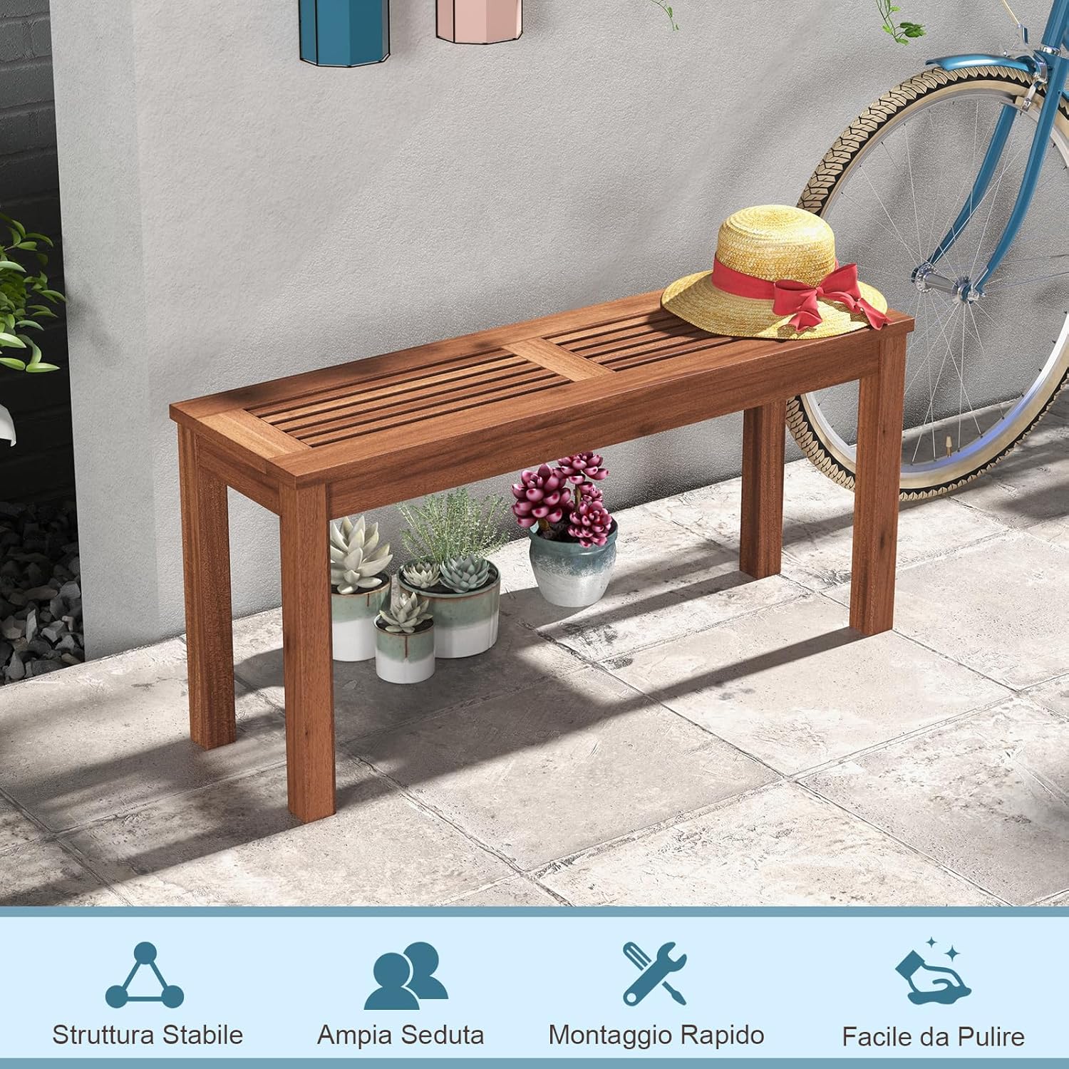 Panchina da Giardino 100 x 30,5 x 47cm, Set di Panca in Legno Massello da Esterno con Sedile a Doghe e Robusto Telaio, Arredo per Balcone e Ingresso, Naturale (1)