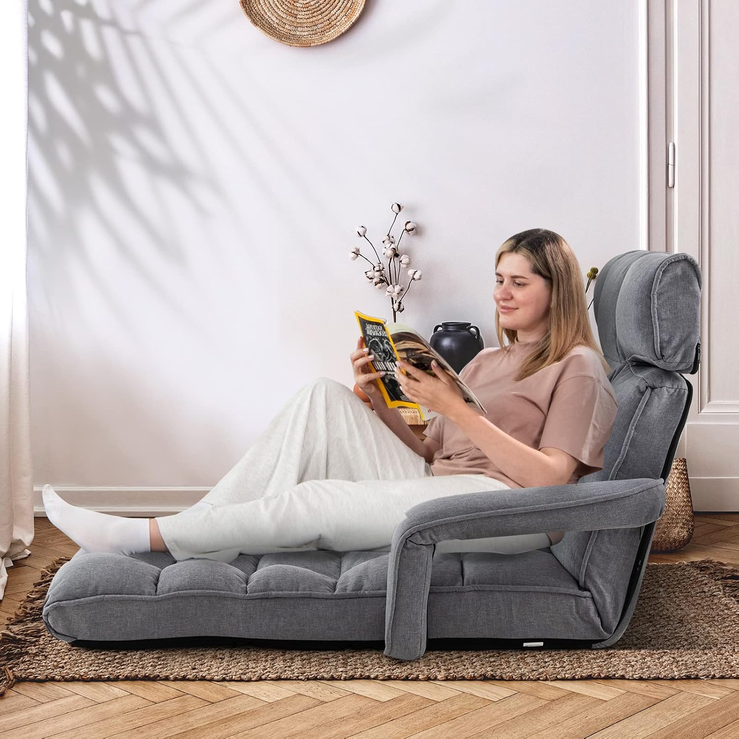 Poltrona Salotto da Terra, Sedie Pieghevoli Imbottita Chaise Longue Reclinabile in 5 Posizioni, con Regolabili Braccioli Schienale, per Yoga Relax Meditazione, 195x73x19 cm(Grigio)