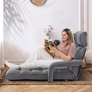 Poltrona Salotto da Terra, Sedie Pieghevoli Imbottita Chaise Longue Reclinabile in 5 Posizioni, con Regolabili Braccioli Schienale, per Yoga Relax Meditazione, 195x73x19 cm(Grigio)