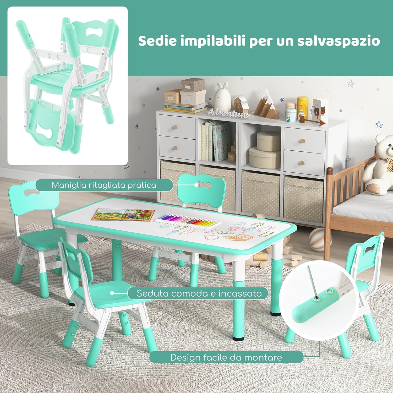 Set Tavolo e 4 Seide per Bambini, Scrivania Regolabile in Altezza con Piano Graffiti, Gambe Antiscivolo, Mobile Multifuzione con 4 Posti per Cameretta, Asilo e Scuola (Verde)