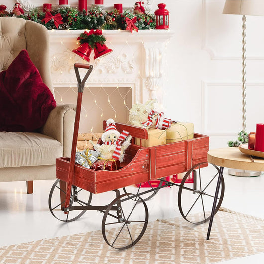 Carrettino di Legno Fioriera, Fioriera Decorativa con Ruote e 2 Sezioni per Piante, Porta Piante da Esterno per Giardino Cortile (rosso)