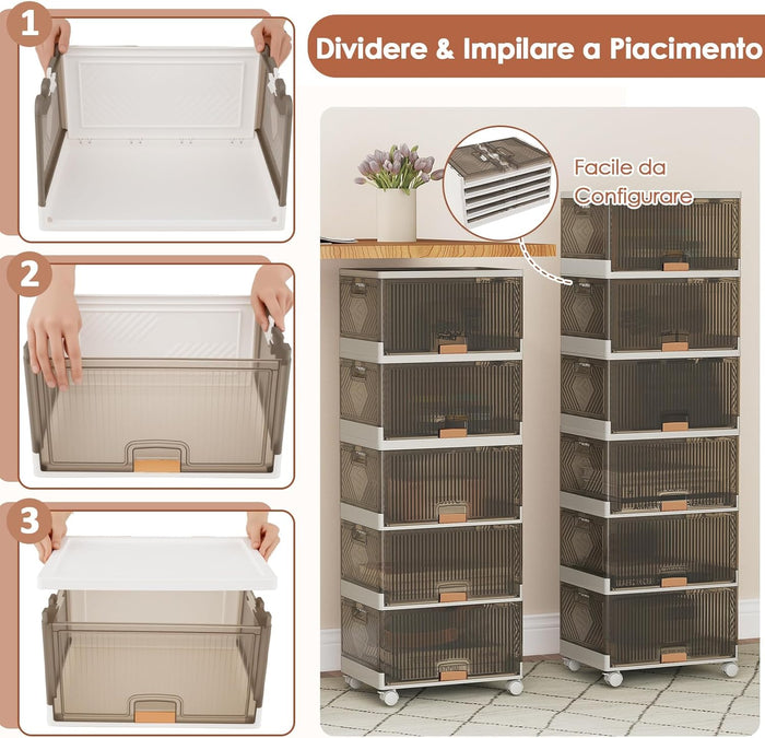 Scatole Immagazzinaggio Impilabili e Pieghevole con Ruote, Contenitore a 6 Ripiani con Coperchi, Organizzatori Trasparente, per Camera da Letto e Soggiorno, Bianco (37,5 x 27,5 x 121 cm)