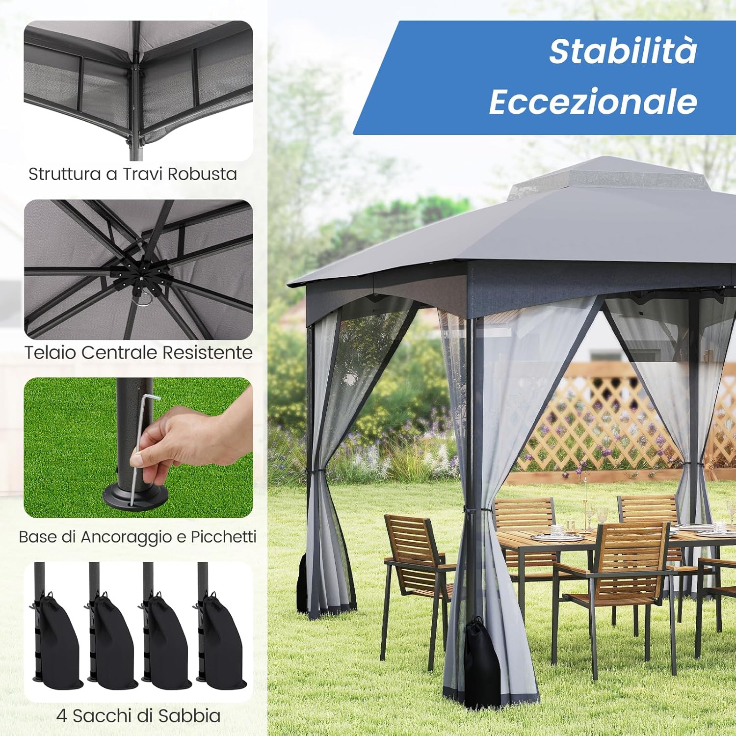 Gazebo da Giardino 3 x 3,6 m, Gazebo con Zanzariera a Doppia Copertura con Sacchetti di Sabbia e Picchetti a Terra, Tenda Impermeabile con Struttura in Metallo per Prato (Grigio)