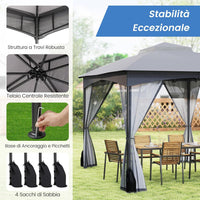 Gazebo da Giardino 3 x 3,6 m, Gazebo con Zanzariera a Doppia Copertura con Sacchetti di Sabbia e Picchetti a Terra, Tenda Impermeabile con Struttura in Metallo per Prato (Grigio)