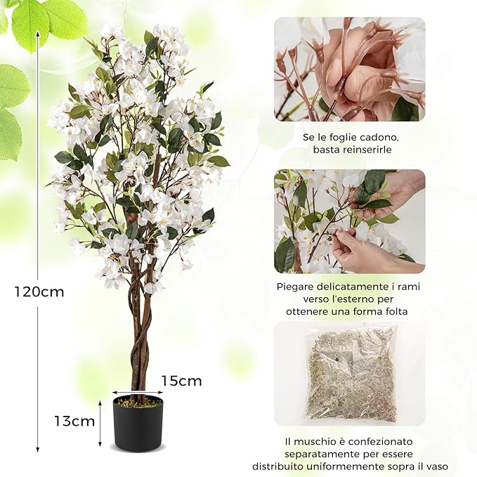 Albero Artificiale di Bougainvillea 120 cm, Pianta Finta in Vaso con 360 Fiori e 40 Foglie, Pianta Decorativa per Casa, Ufficio e Negozio (Bianco,1)