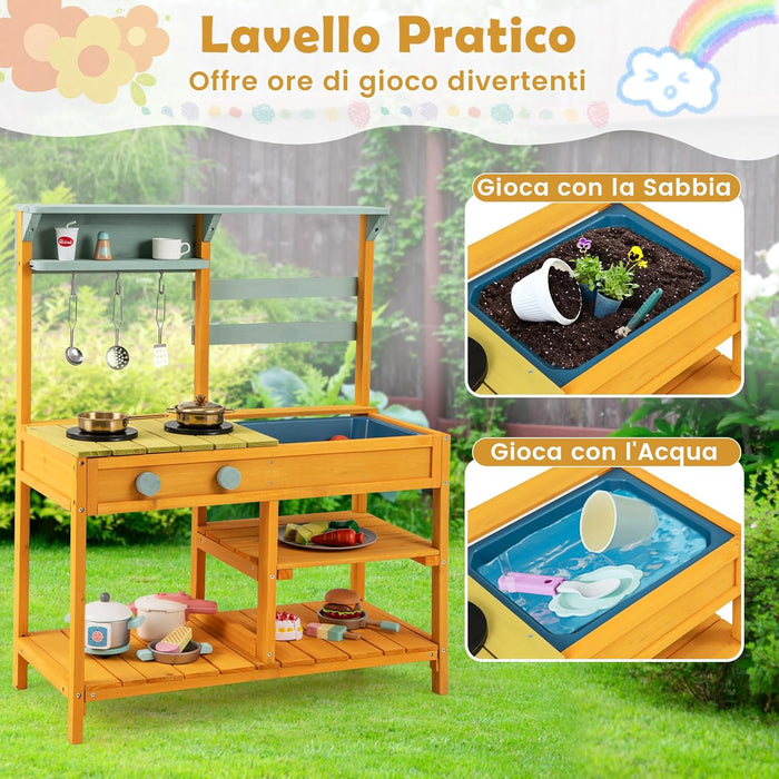 Cucina Giocattolo per Giardino in Legno di Pino, Cucina per Bambini con 2 Fornelli a Manopola, Lavandino e 3 Ganci, Set Cucina con Ripiani Aperti, 75 x 36 x 92 cm (Giallo)