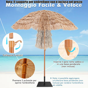 Ombrellone di Paglia in PP 208 cm, Ombrellone da Spiaggia Pieghevole, Parasole Hawaiano con Inclinabile in Metallo, Resistente all'Acqua e al Sole, per Spiaggia Giardino Balcone