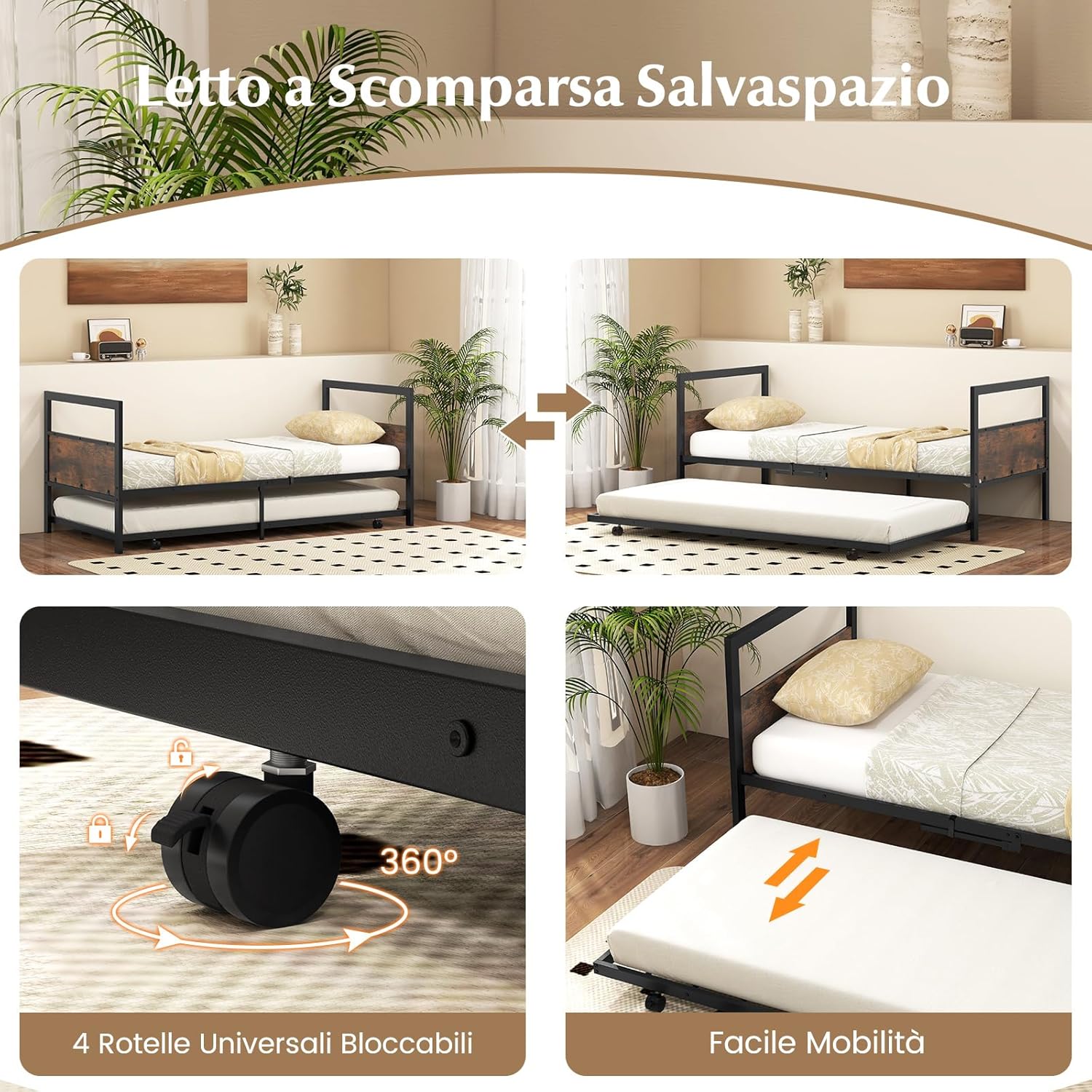Letto Singolo 90 x 200 cm, Struttura Letto Estraibile con Ruote Testiera e Pediera, Gambe Pieghevoli e Supporto a Doghe in Metallo, Telaio da Letto Silenzio, Carico 220 kg