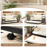 Letto Singolo 90 x 200 cm, Struttura Letto Estraibile con Ruote Testiera e Pediera, Gambe Pieghevoli e Supporto a Doghe in Metallo, Telaio da Letto Silenzio, Carico 220 kg