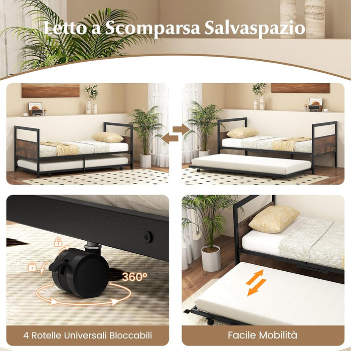 Letto Singolo 90 x 200 cm, Struttura Letto Estraibile con Ruote Testiera e Pediera, Gambe Pieghevoli e Supporto a Doghe in Metallo, Telaio da Letto Silenzio, Carico 220 kg