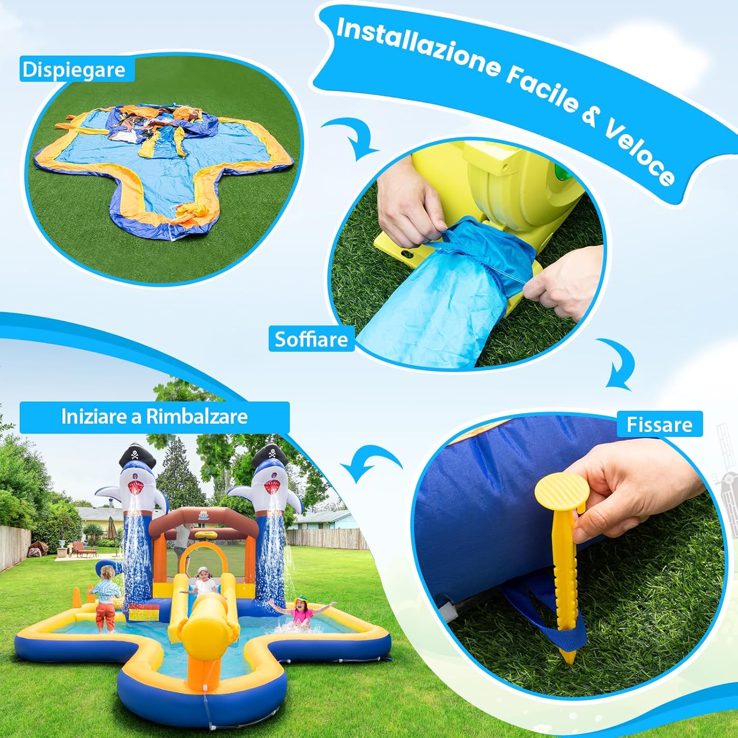 Castello Gonfiabile, Casa Gonfiabile con Scivolo, Piscina， Trampolino e Cannone d'Acqua, per Bambini di 3-10 Anni, 578 x 408 x 250 cm