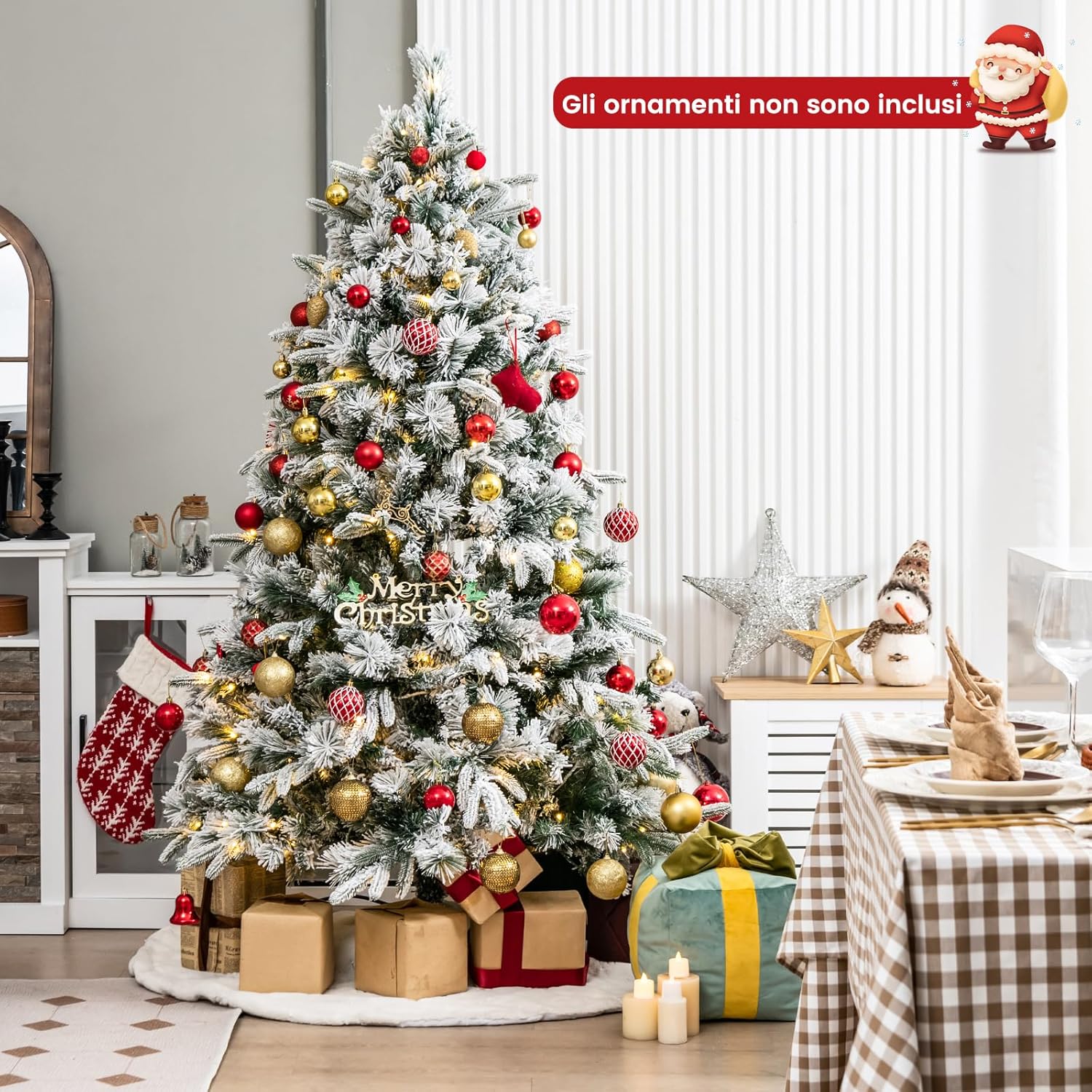 Albero di Natale Innevato136/186 cm, Albero di Natale con 150/250 Luci LED Bianco Caldo, 384/752 Punte di Ramo Miste e Aghi di Pino per Casa e Ufficio (186 cm)
