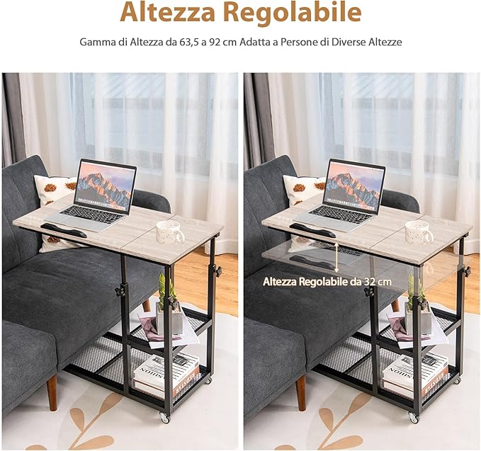Tavolino Porta PC Regolabile in Altezza e Inclinazione, Tavolo Laterale per Letto e Divano con Ruote, Tavolino in Legno e Metallo per Salotto e Camera da letto, 80 x 40 x 64-95 cm (naturale)