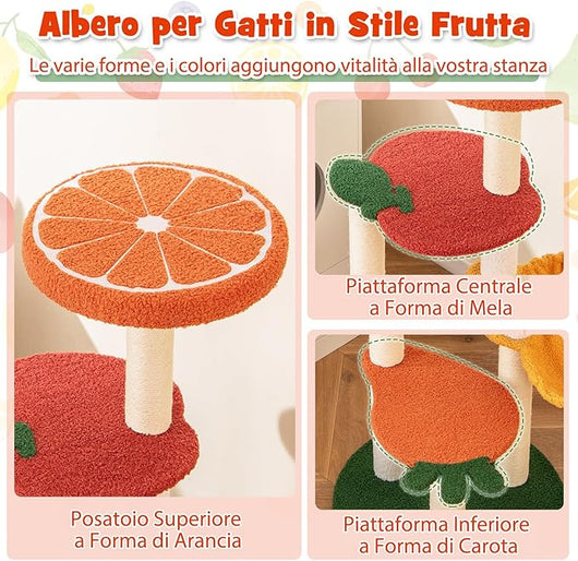 Tiragraffi per Gatto Alto 100 cm Stile Frutta, Albero Tiragraffi Gatti con 4 Pali in Sisal, 4 Piattaforme e Amaca, Torre Albero Gatto Imbottito in Peluche, Multicolore
