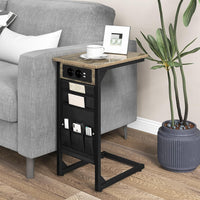 Set di 2 Tavolini a Forma di C, Tavolino da Divano e Letto in Metallo con 2 Prese Elettriche, 2 Porte USB e Tasca Laterale, Comodino per Piccoli Spazi, Salotto e Camera da Letto