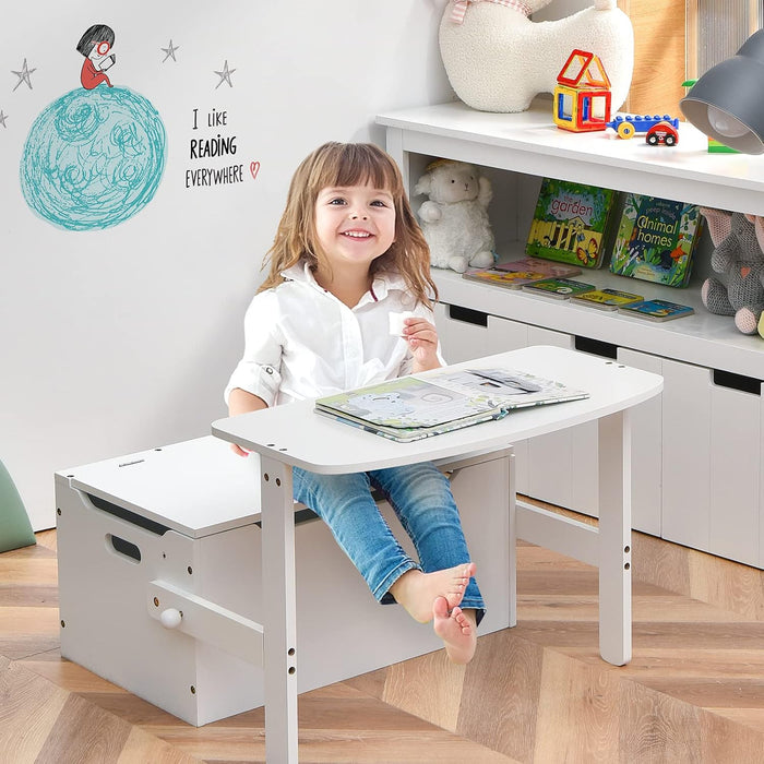 Cassapanca Contenitore 3 in 1 per Bambini Trasformabile in Legno con Scatola dei Giocattoli, Tavolo bambini con Sedie Multifunzione per 3-7 Anni (Bianco)