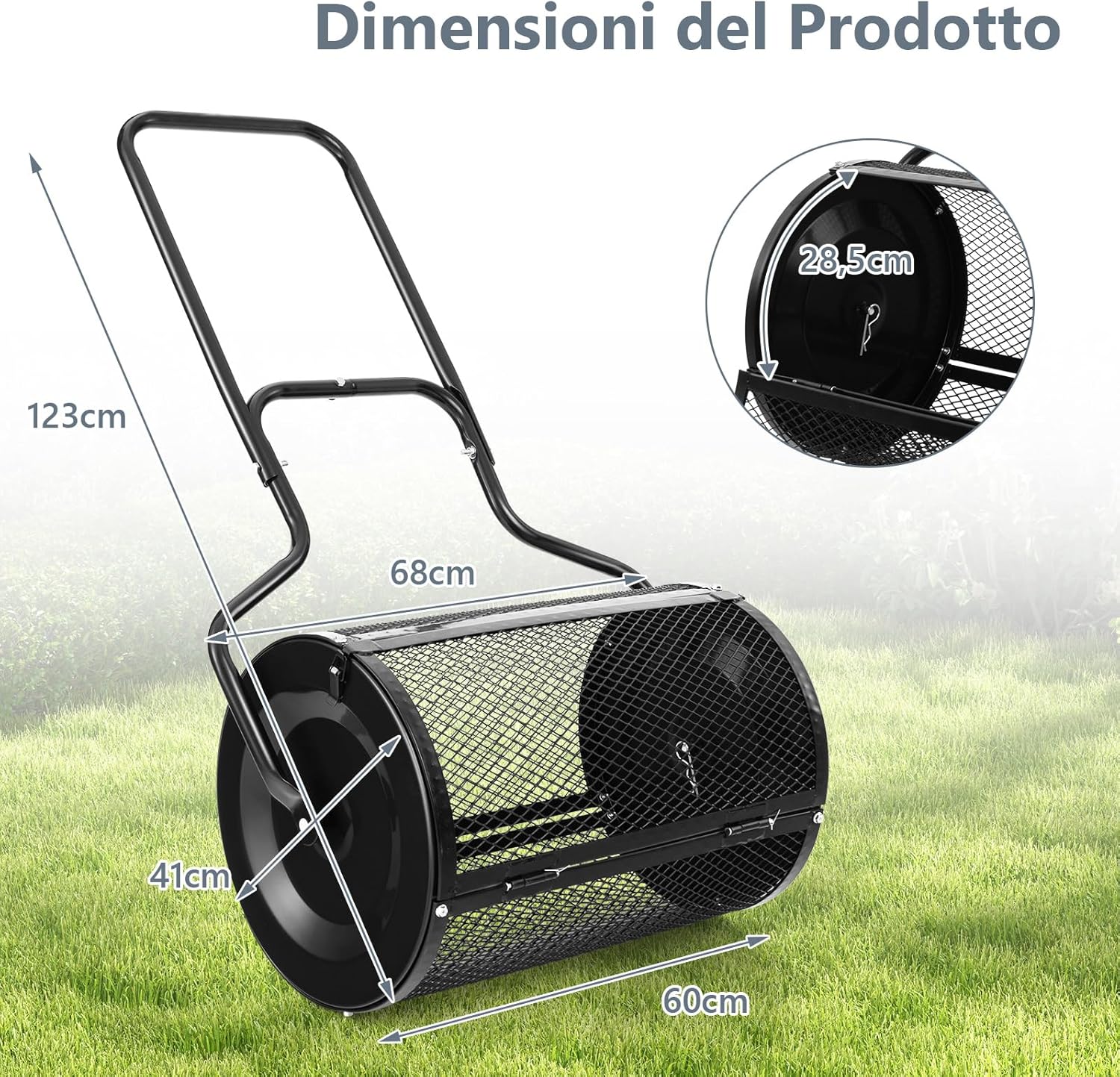 Spandiconcime a Rullo, Rullo da Giardino con Impugnatura Pratica Chiusure Laterali e Rete in Metallo per Concimazione e Semina, Spandiconcime per Prato e Giardino (41 x 60 cm Nero)