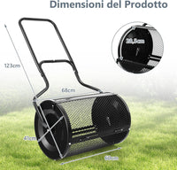Spandiconcime a Rullo, Rullo da Giardino con Impugnatura Pratica Chiusure Laterali e Rete in Metallo per Concimazione e Semina, Spandiconcime per Prato e Giardino (41 x 60 cm Nero)