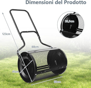 Spandiconcime a Rullo, Rullo da Giardino con Impugnatura Pratica Chiusure Laterali e Rete in Metallo per Concimazione e Semina, Spandiconcime per Prato e Giardino (41 x 60 cm Nero)