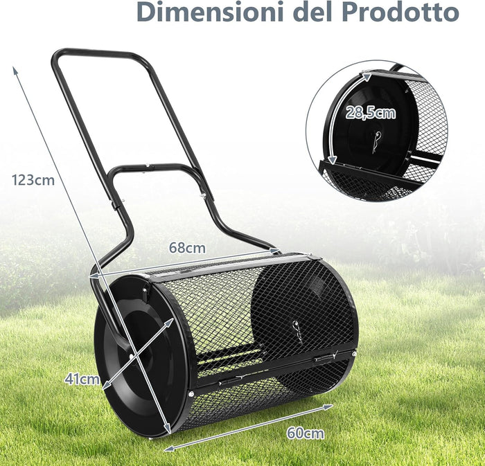 Spandiconcime a Rullo, Rullo da Giardino con Impugnatura Pratica Chiusure Laterali e Rete in Metallo per Concimazione e Semina, Spandiconcime per Prato e Giardino (41 x 60 cm Nero)