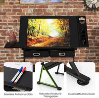 Tavolo da Disegno Scrivania per Arte con Cassetti e Sgabello, Regolabile in Altezza ed inclinabile (nero)