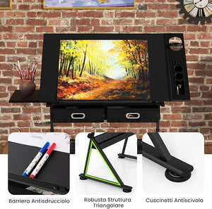 Tavolo da Disegno Scrivania per Arte con Cassetti e Sgabello, Regolabile in Altezza ed inclinabile (nero)