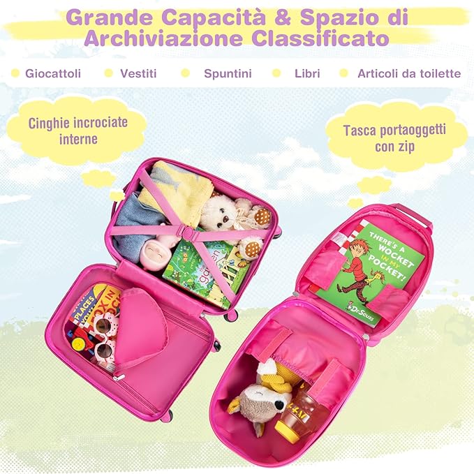 Set di Valigia per Bambini, 16" Valigia+ 12" Zaino, 2 Pezzi, con Ruote Girevoli a 360° e Maniglia Retrattile, Ideale per Viaggiare in Modo Comodo e Divertente (Modello 21)
