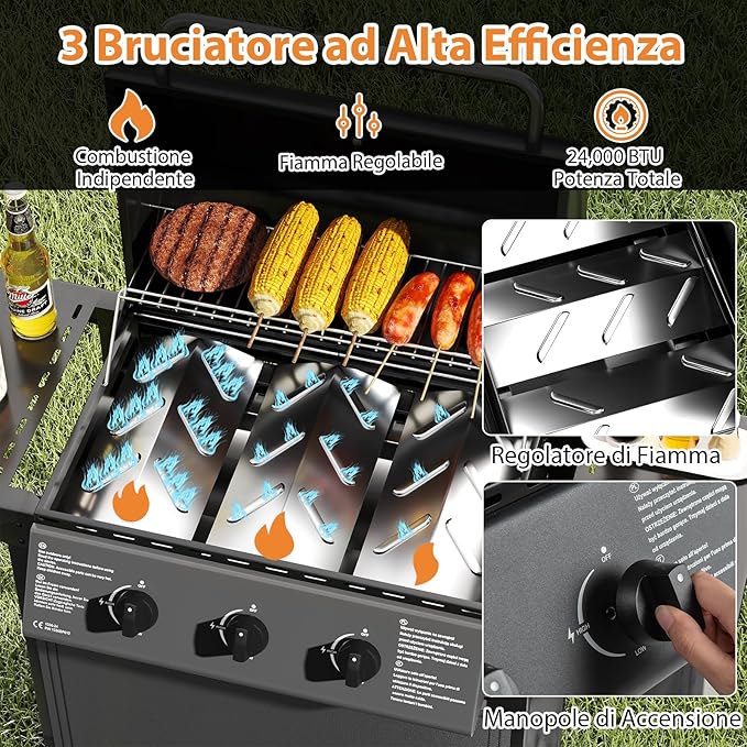 Griglia a Gas con 3 Bruciatori, Griglia da Esterno con Coperchio in Acciaio Inox e Tavolini Laterali, Attrezzatura per Barbecue da Patio su Ruote per Campeggio, Giardino
