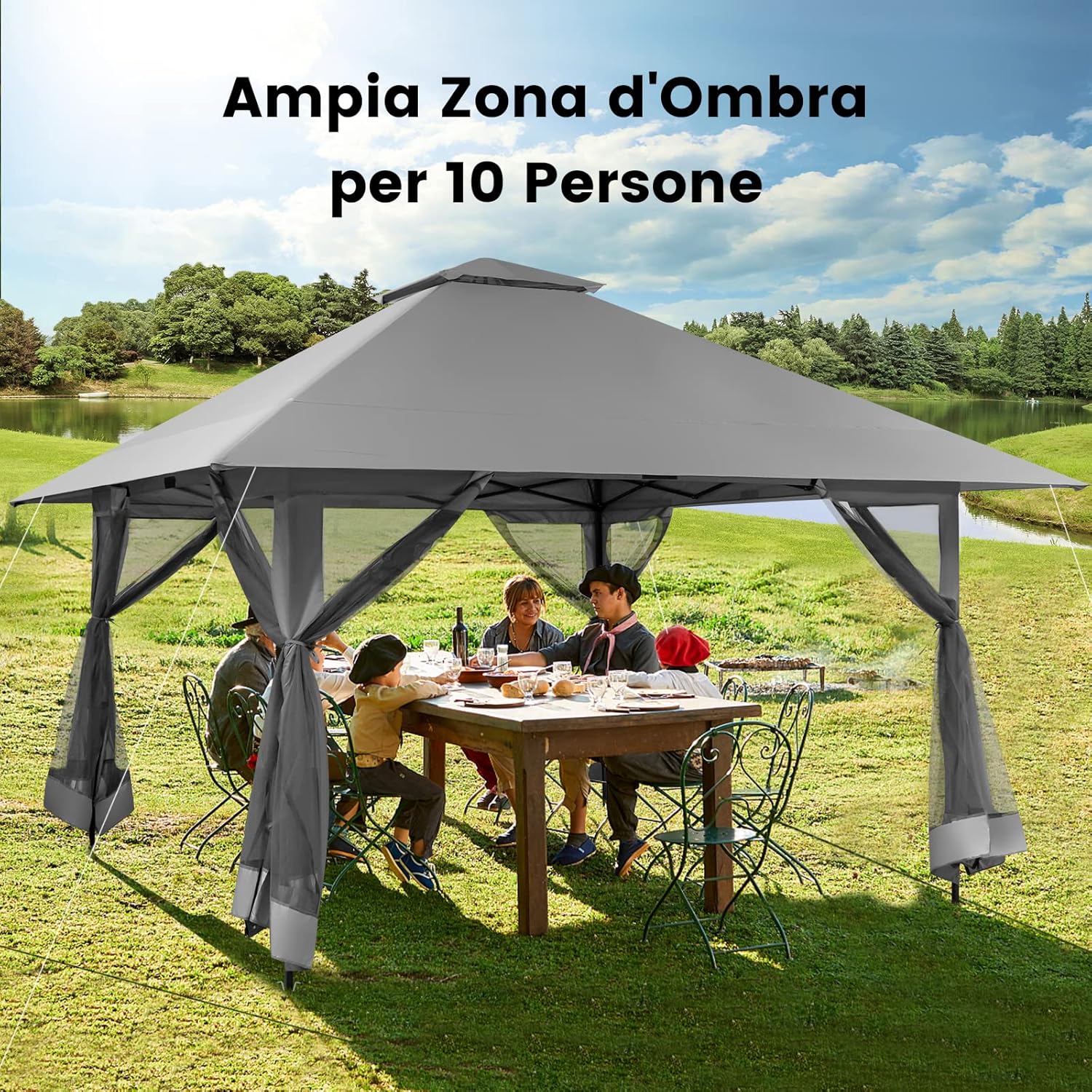 Gazebo Pieghevole da Giardino 4 x 4 m, Altezza Regolabile, Gazebo Pop-up con Zanzariera, Borsa di Trasporto, Doppio Tetto Ventilato e per Giardino Patio e Cortile (Grigio)