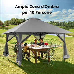 Gazebo Pieghevole da Giardino 4 x 4 m, Altezza Regolabile, Gazebo Pop-up con Zanzariera, Borsa di Trasporto, Doppio Tetto Ventilato e per Giardino Patio e Cortile (Grigio)