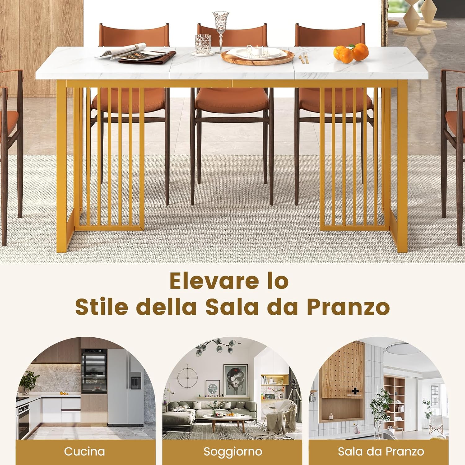 Tavolo da Pranzo, Tavolo Moderno per 6-8 Persone con Piano in Finto Marmo e Gambe in Metallo, Tavolllo Rettangolare da per Sala da Pranzo, Soggiorno e Cucina, 160 x 60 x 76 cm, Bianco e Oro