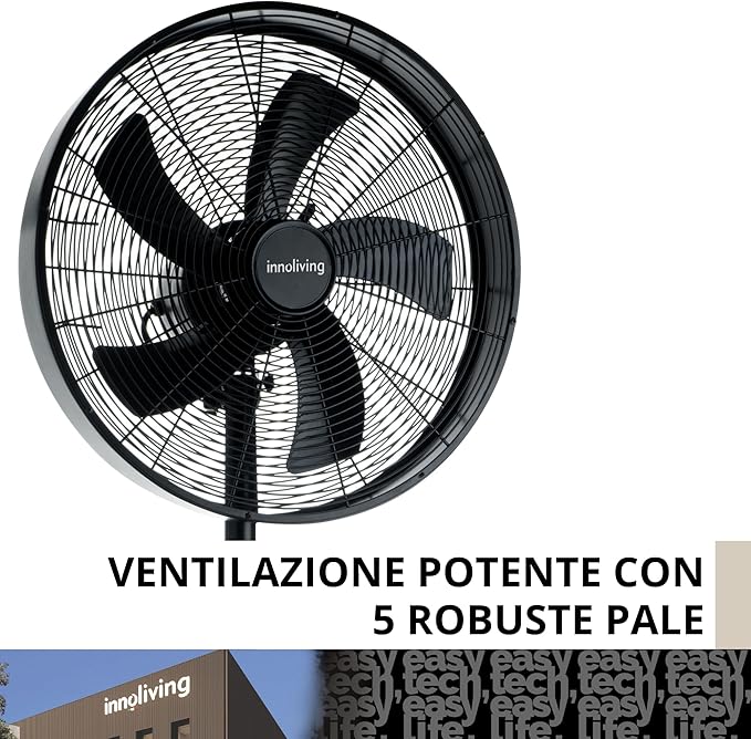 Innoliving Ventilatore Metallo a Piantana INN-529B, Diametro 45 cm, 3 Velocità, Modalità Oscillazione, Struttura Robusta Metallo Nero, Inclinazione Regolabile, 50W, Piantana 120cm