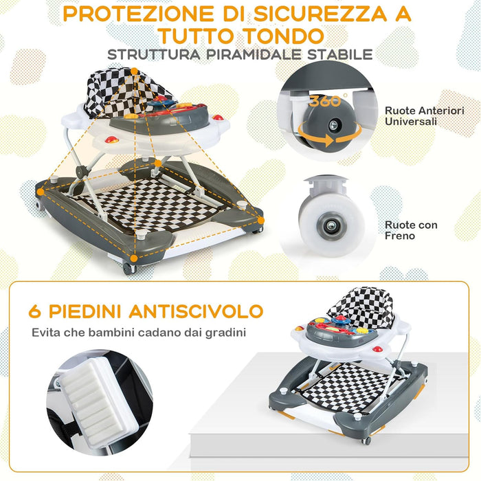 Girello per Bambini 6 in 1, Primi Passi per Neonati con Altezza Regolabile, Sedia a Dondolo per Bambini, Girello Pieghevole con Vassoio Musicale, Cuscino, per Bambini 6+ Mesi (Grigio)