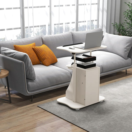 Scrivania Regolabile in Altezza con Ruote, Standing Desk Mobile con Piano Inclinabile e Scomparti, Scrivania per Laptop Ergonomica con Rotelle per Ufficio e Casa (Bianco)