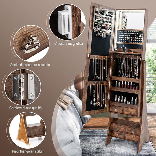 Armadietto Portagioie da Terra, Specchio Portagioie con Specchio Senza Cornice, 12 Luci LED, Specchiera Portagioie per Trucco da Terra, con 4 Cassettini, 41 x 36 x 159 cm (Marrone)