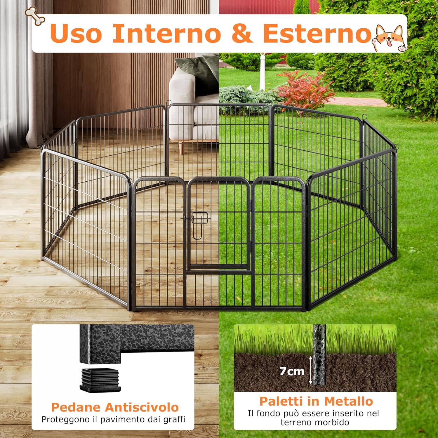 Recinto per Cani Interno ed Esterno, 8 Pannelli Altezza 60/80 CM Recinzione per Piccoli/Medi Animali/Coniglio/Gatto, Cancelletto Portatile Pieghevole con Porta (190 x 60 cm)