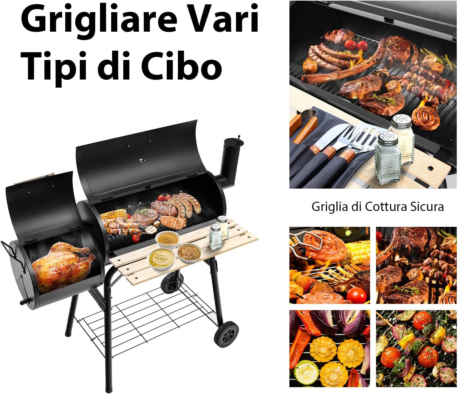 Barbecue a Carbonella in Metallo con Ruote e 2 Fornelli, Carrello per barbecue a carbonella per Esterno con Termometro, 115 x 65 x 108 cm