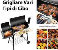 Barbecue a Carbonella in Metallo con Ruote e 2 Fornelli, Carrello per barbecue a carbonella per Esterno con Termometro, 115 x 65 x 108 cm