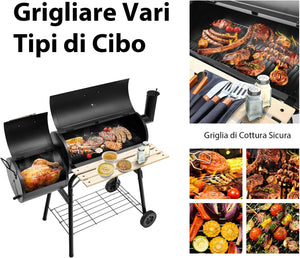 Barbecue a Carbonella in Metallo con Ruote e 2 Fornelli, Carrello per barbecue a carbonella per Esterno con Termometro, 115 x 65 x 108 cm
