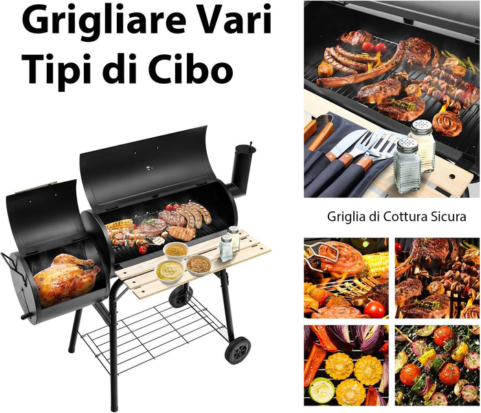 Barbecue a Carbonella in Metallo con Ruote e 2 Fornelli, Carrello per barbecue a carbonella per Esterno con Termometro, 115 x 65 x 108 cm