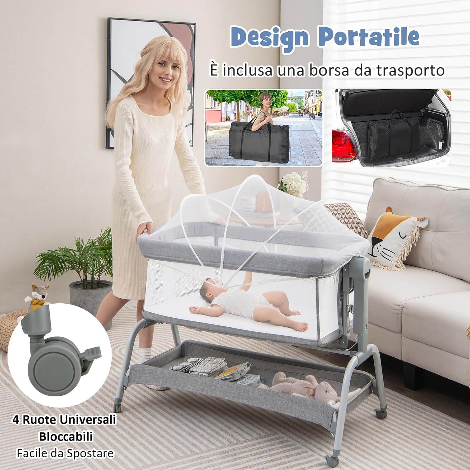 Culla Neonato Fianco 4 IN 1, Culla Co-sleeping con Spondina Apribile, Altezza Regolabile, Inclinabile, Materasso Ruote Borsa da Viaggio Zanzariera Inclusi, 0-6 Mesi Fino a 9 kg (Grigio)