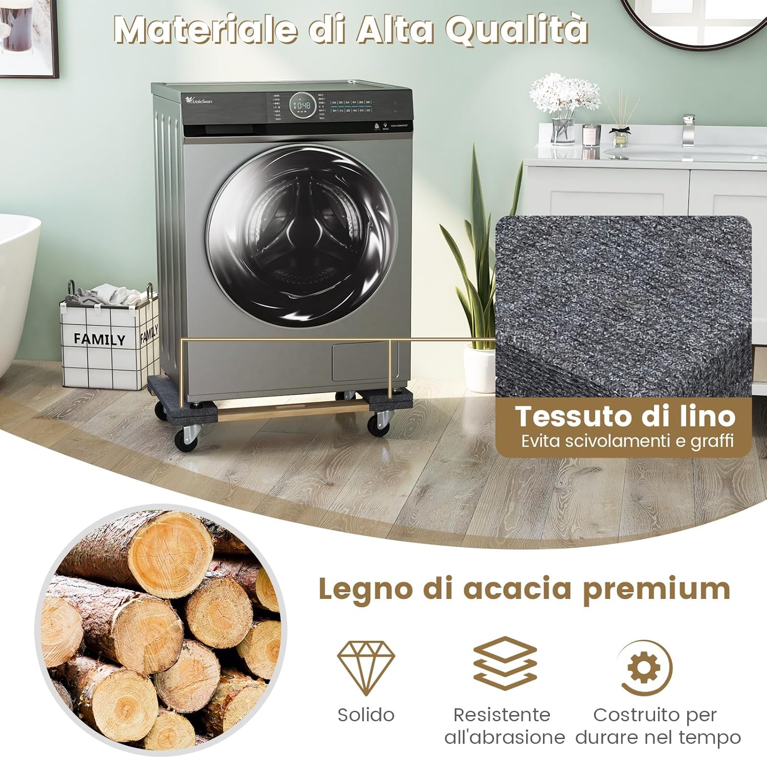 Base con Ruote in Legno di Acacia, Carrello a Pianale con Maniglia per Trasporto, concon Capacità di Carico di 450 kg, 77 x 47 cm (1)