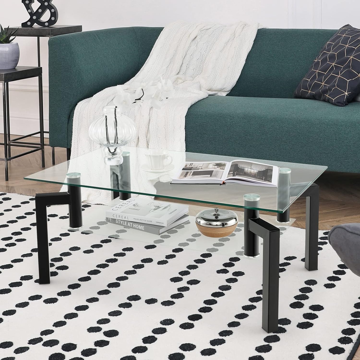 Tavolino da Salotto in Vetro Temperato Moderno, Tavolo Basso Rettangolare a 2 Livelli con Struttura in Metallo, Tavolino da Caffè per Soggiorno e Ufficio, 100 x 60 x 43 cm