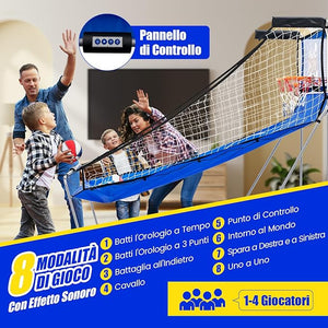 Macchina da Pallacanestro Elettronica Pieghevole, Gioco Arcade da Basket a Doppio Tiro per Casa con 8 Modalità di Gioco, Suono Arcade, Punteggio Elettronico, 4 Palloni e Pompa (Blu)