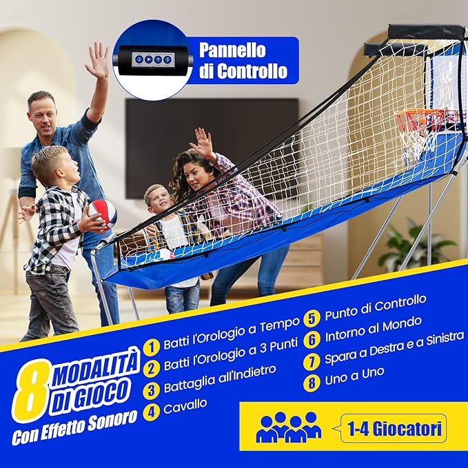 Macchina da Pallacanestro Elettronica Pieghevole, Gioco Arcade da Basket a Doppio Tiro per Casa con 8 Modalità di Gioco, Suono Arcade, Punteggio Elettronico, 4 Palloni e Pompa (Blu)