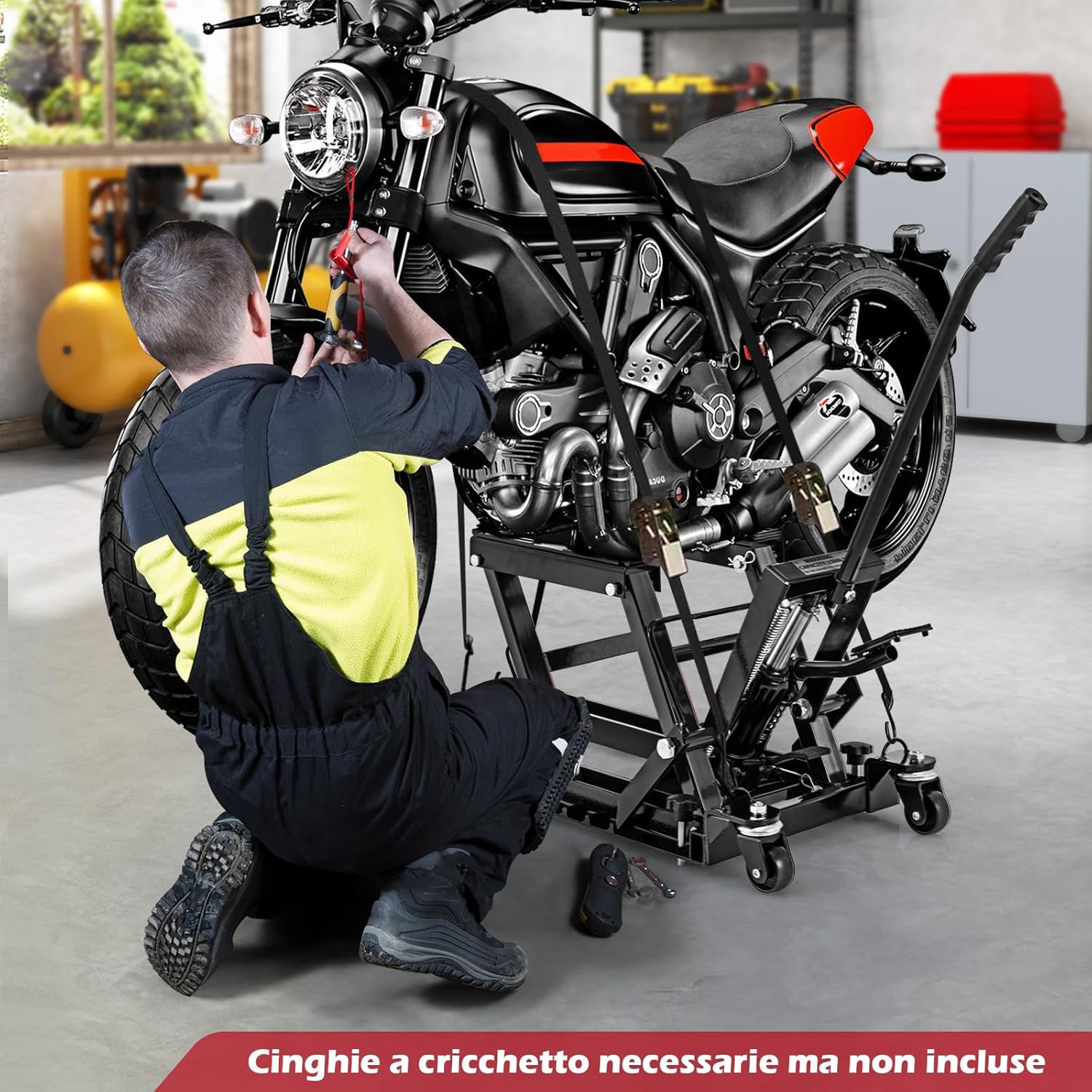 Ponte Sollevatore Idraulico per Moto, Sollevatore Motociclette Fino a 680 kg, Cric Alzamoto con Ruote e Piattaforma Regolabile in Altezza a Pedale Resistente per ATV, UTV per Officina (Nero)