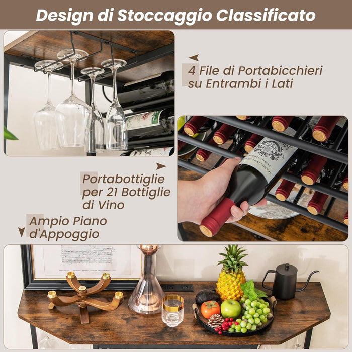 Mobiletto Portabottiglie da Vino a 3 Livelli, con Ripiani di Stoccaggio, Porta Bicchieri, Porta Bottiglie, Prolunghe Elettriche, per Soggiorno Cucina, Bar, 120 x 40 x 92 cm (Marrone)