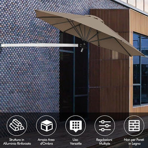 Ombrellone da Parete 247 cm, Ombrellone da Muro per Giardino con Angolo Regolabile, Parasole Esterno Pieghevole Anti UV, per Giardino, Balcone e Cortile