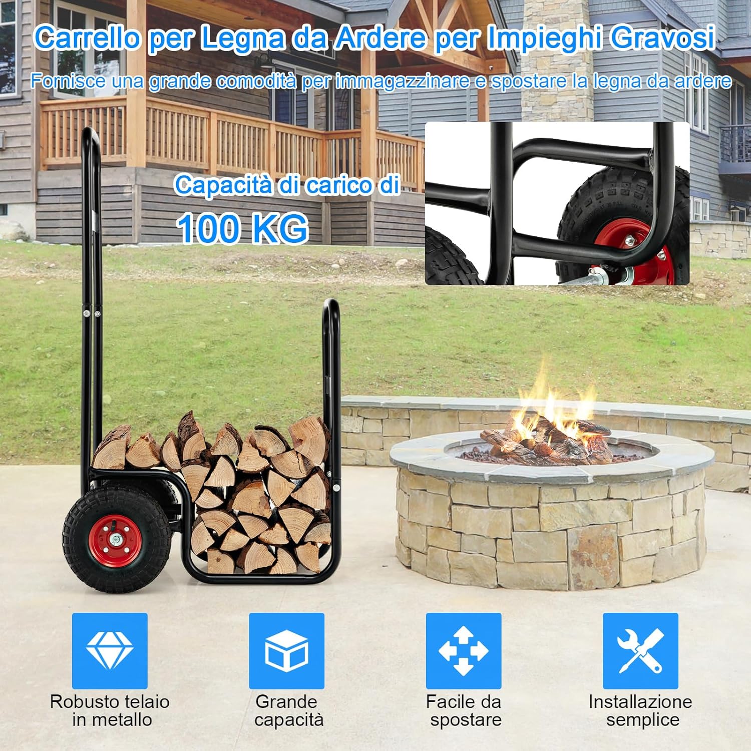 Porta Legna da Ardere, Carrello Portalegna da Ardere con Ruote in Gomma Antiusura e Antiurto, Carrello Porta Legna per Esterni e Interni, Portata 100 kg, 66 x 51 x 111 cm