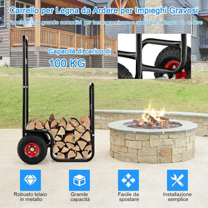 Porta Legna da Ardere, Carrello Portalegna da Ardere con Ruote in Gomma Antiusura e Antiurto, Carrello Porta Legna per Esterni e Interni, Portata 100 kg, 66 x 51 x 111 cm